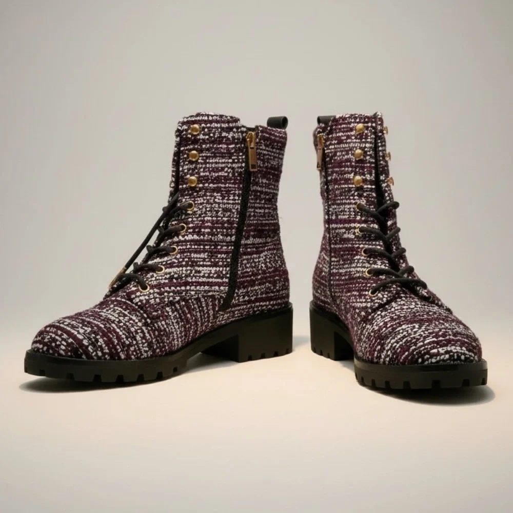 TORY BURCH Burgundy Tweed Lace-Up Lug Boots
